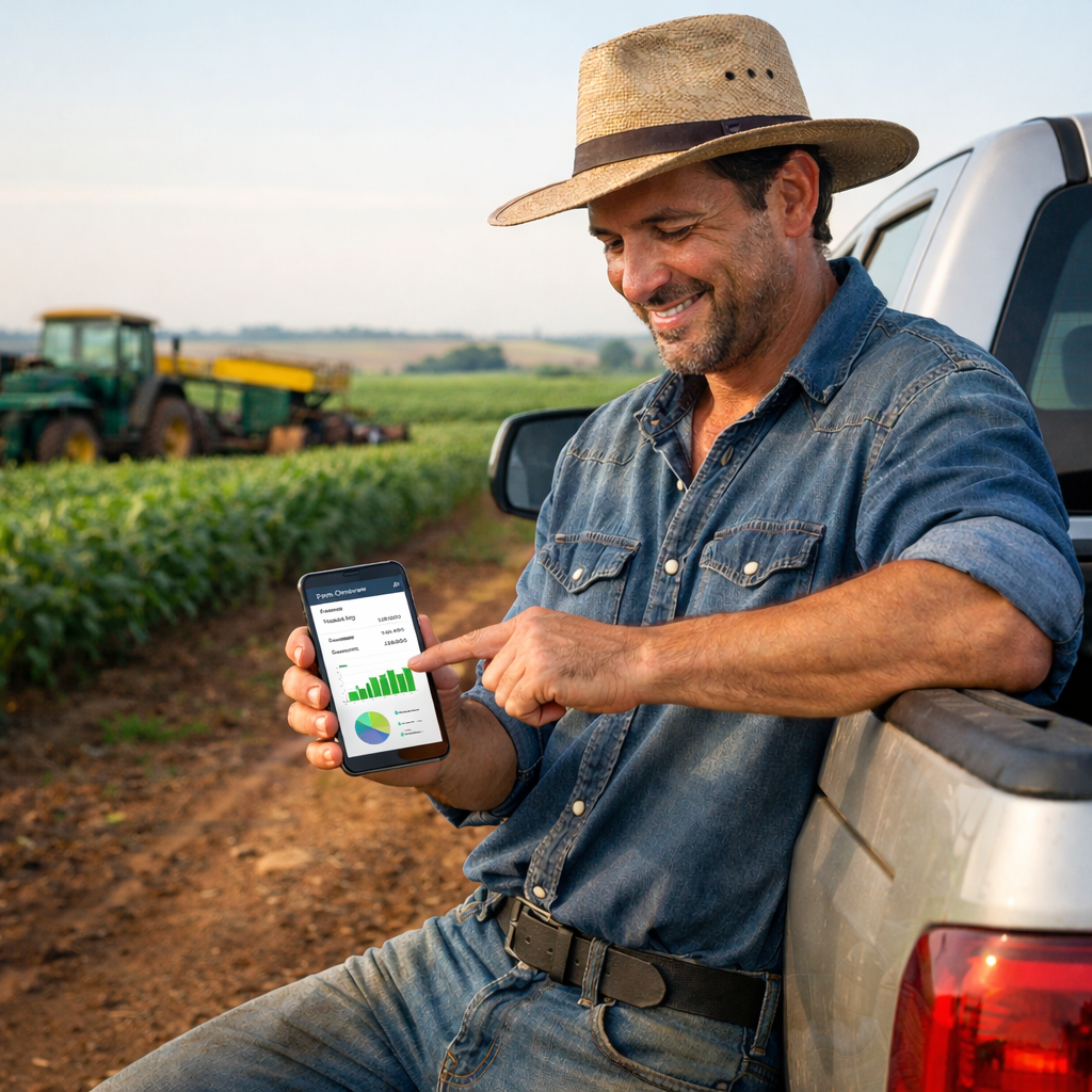 Produtor com celular na caminhonete