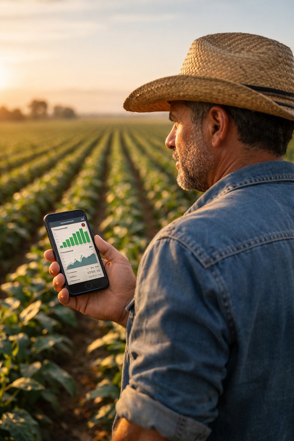 Produtor verificando dados na lavoura pelo celular