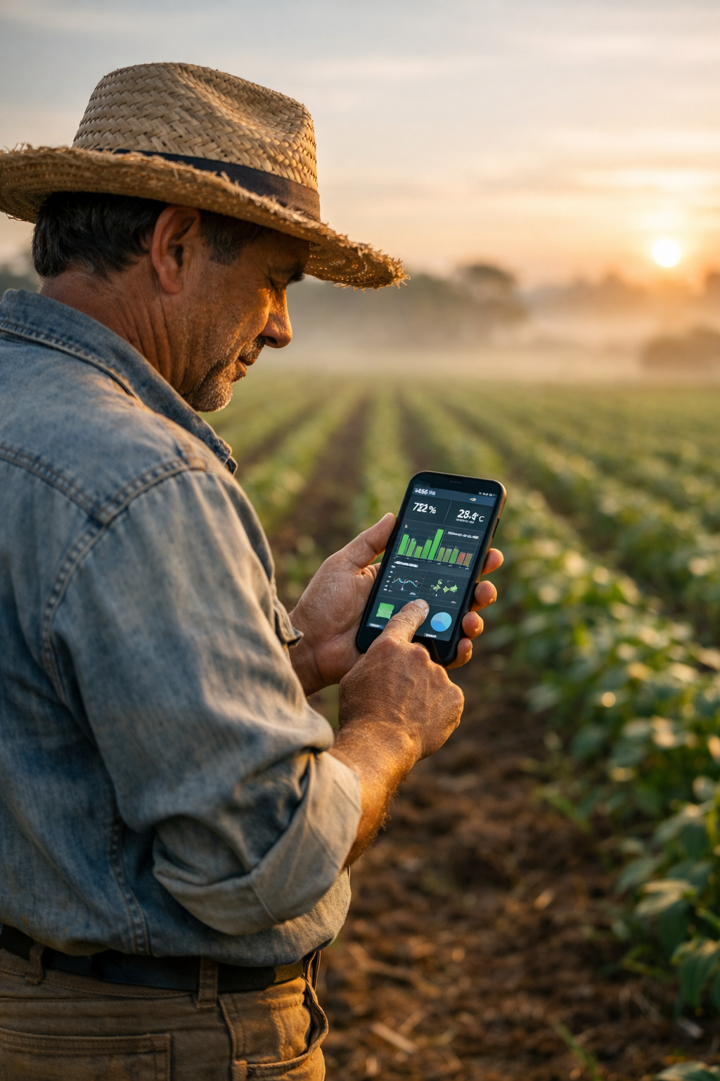 Produtor rural usando o Roça Inteligente no celular em meio à lavoura